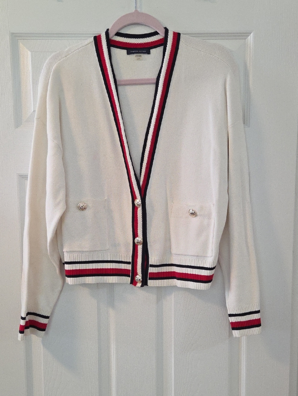 Tommy Hilfiger-Sz. L Off White Knit Sweater with Navy and Red Trim